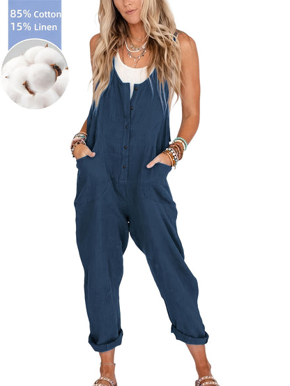 Women'S Overalls Linen Jumpsuits Loose Casual Jumpers with Pockets