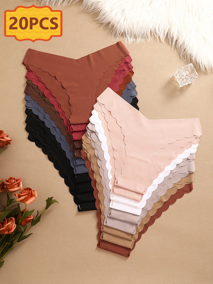 20pcs Set Of Seamless Brazilian Pants with Seamless Solid Color Wavy Edge V-neck, Fashionable And Elegant Skin Friendly Breathable Underwear, Suitable for Daily Commuting, Women's Underwear And Underwear