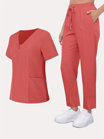 2pcs Women's Breathable V-Neck Work Uniform - Machine Washable Pocket Detail Matching Top & Pants, Casual Work Clothes Suitable for Work Uniforms, Healthcare, Education, Retail - Comfortable Professional Attire