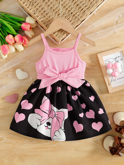 Spring/Summer Kids' Casual Camisole Dress with Cute Cat Print, Comfortable Long Sleeve Sweet Fashion Dress + Belt for Little Girls