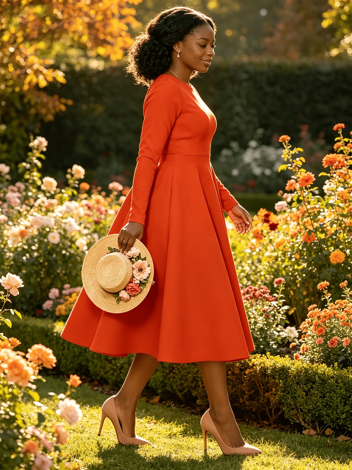 Plus Size - Plus Size Women'S Solid Color Round Neck Long Sleeve Back Pleated Flared Dress Autumn And Winter Elegant Long Dress