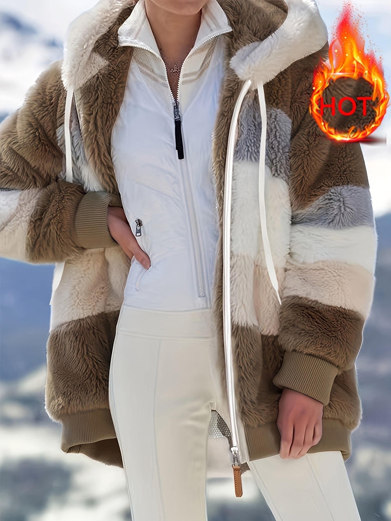 Women's Comfortable Plush Faux Hooded Jacket - Fall/Winter Warm Coat, Zipper Closure, Color Block Design, Soft Breathable Lining, Elegant | Plush Polyester, Local Warehouse, 2026 New Arrival