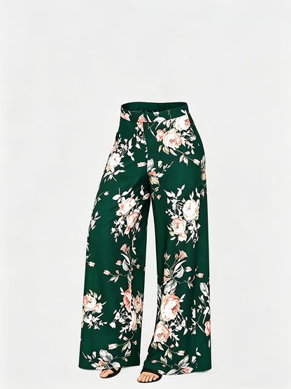 Plus Size - New Women'S Solid Color Top And Printed Pants Chiffon Fashion Style Set Top And Pants Two Piece Set