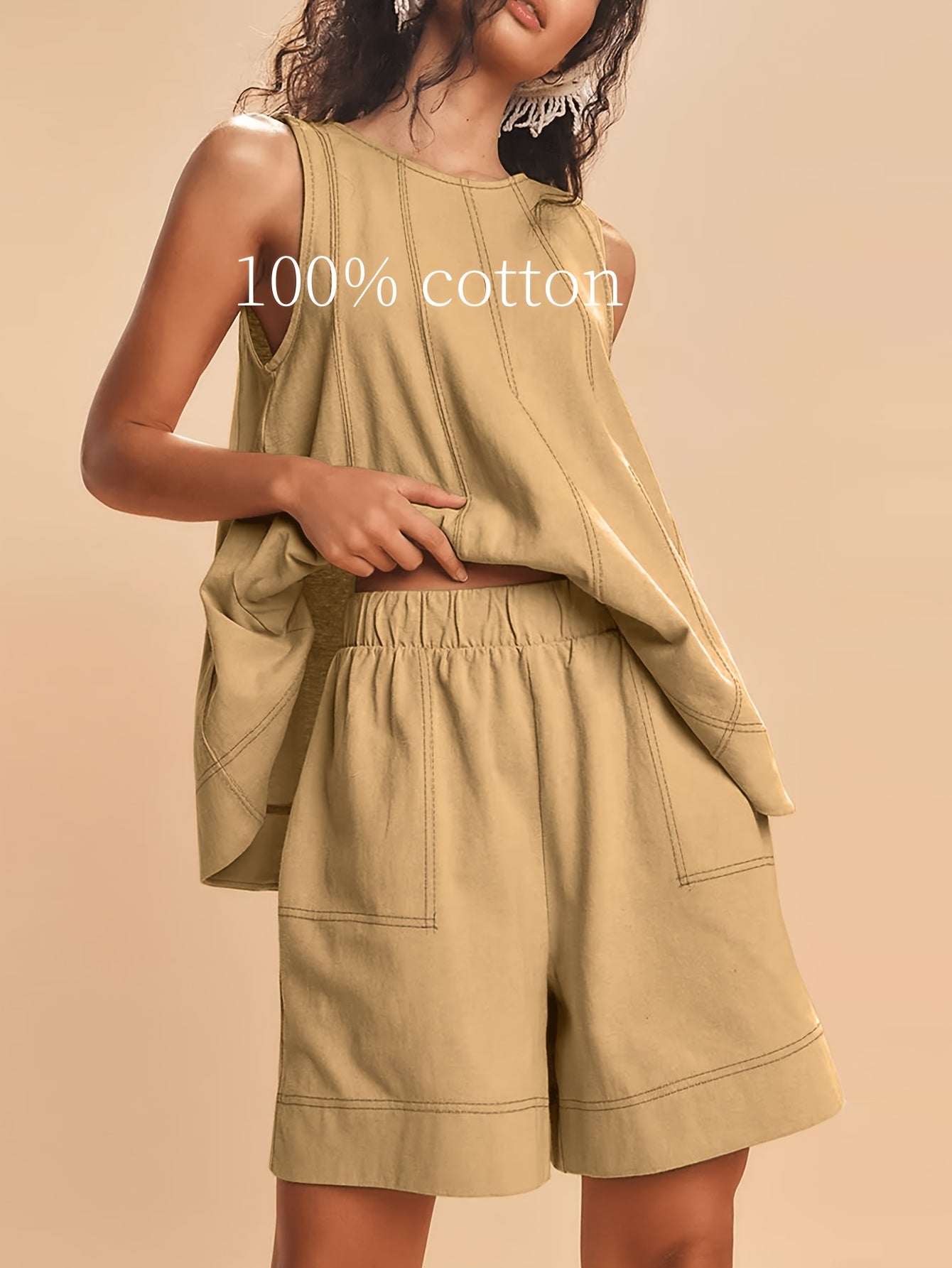 Womens 2pcs Outfits Sleeveless Matching Sets A Line Tank Tops Contrast Stitching High Waist Shorts with Pockets