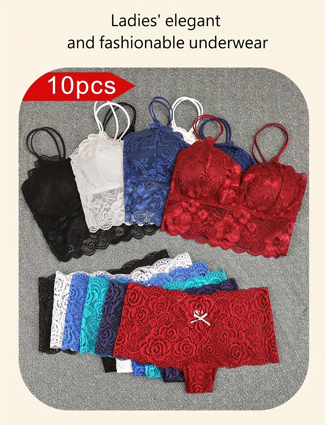 10pcs Of Women'S Underwear And Panties Combination Set Without Steel Rims, Comfortable Daily Exquisite Lace Bra Base, Beautiful Back, Seamless Suspender With Chest Cushion, Detachable Bra, Lace Underwear, Women'S Underwear And Panties