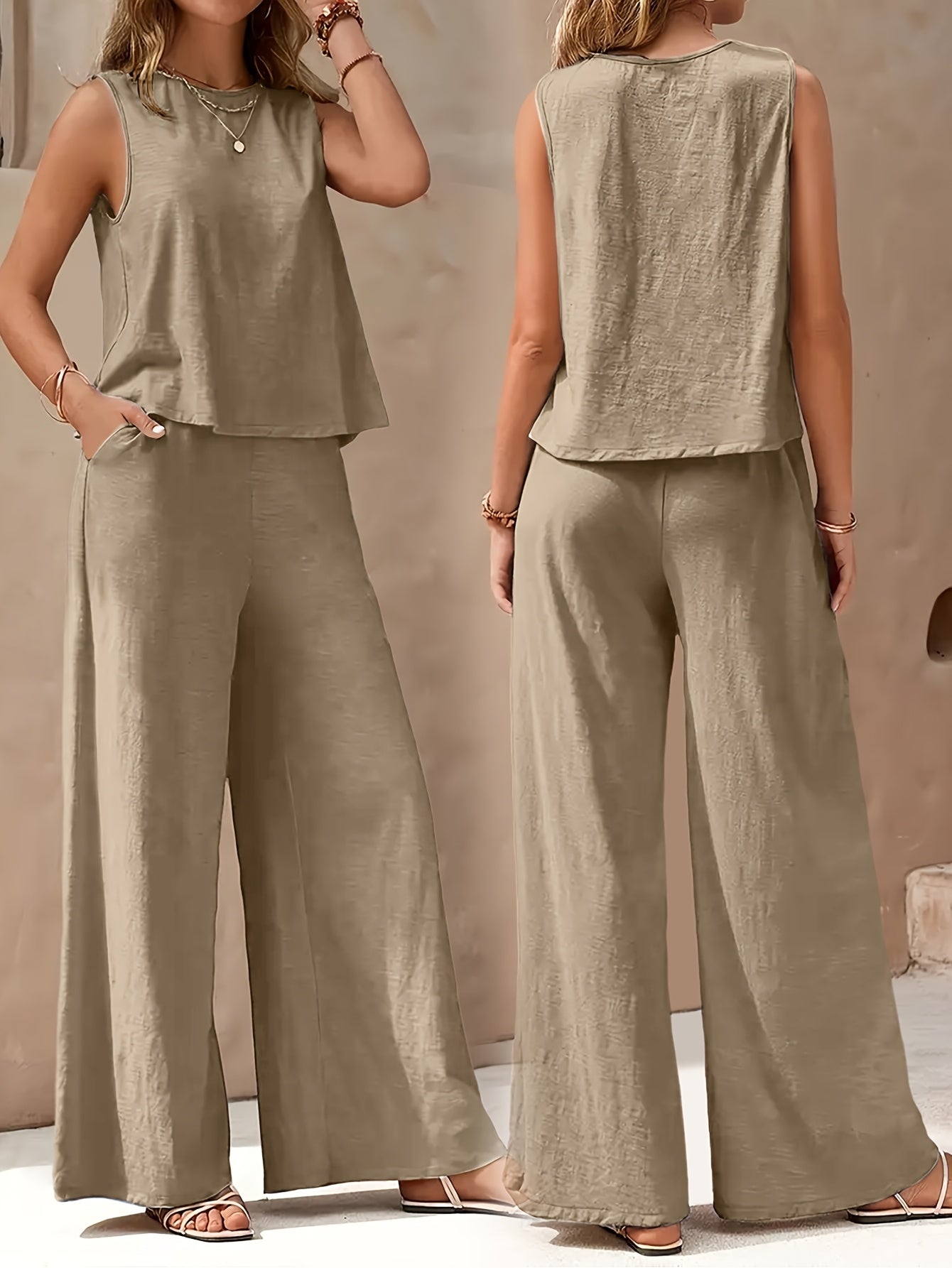 Popular! Women's Sleeveless Crop Top And Wide-Leg Pants Set, Breathable Fabric, Versatile for Vacation And Daily Outfit, Casual Summer Outfit