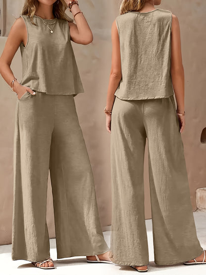 Popular! Women's Sleeveless Crop Top And Wide-Leg Pants Set, Breathable Fabric, Versatile for Vacation And Daily Outfit, Casual Summer Outfit