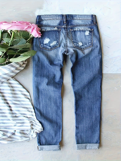 2025 Women's Jeans  Street Ripped Christmas Santa Claus Printed Patch Straight Trousers