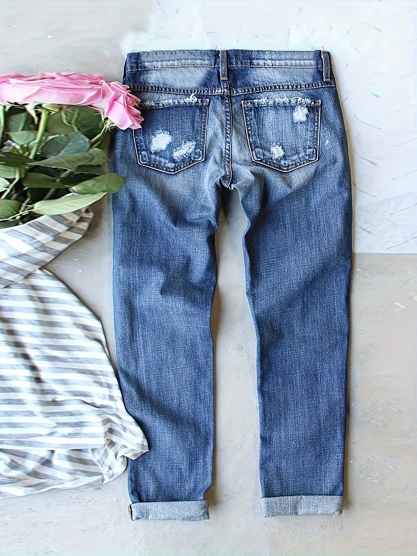 2025 Women's Jeans  Street Ripped Christmas Santa Claus Printed Patch Straight Trousers
