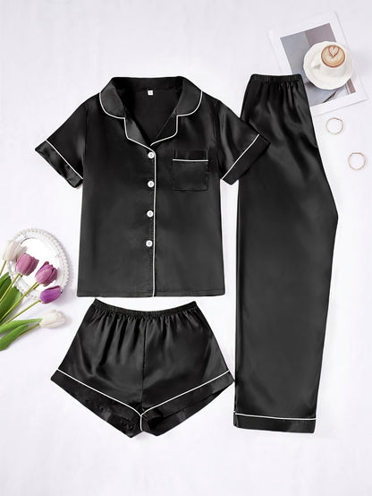 Solid Color Women'S Simple And Comfortable 3pcs Pajama Set, Includes 3pcss: Collared Short-Sleeve Top & Elastic Waist Shorts & Elastic Waist Long Pants Women'S Pajama Set
