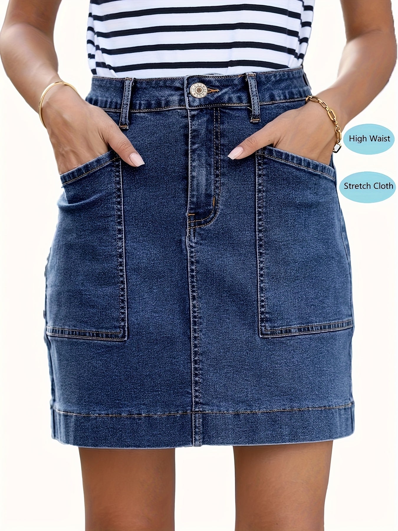 Women'S High-Waist Stretch Denim Mini Skirt - Versatile, Mid-Length Skirt with Large Pockets, Casual Elegant Style, Perfect for Summer, Jeans Skir