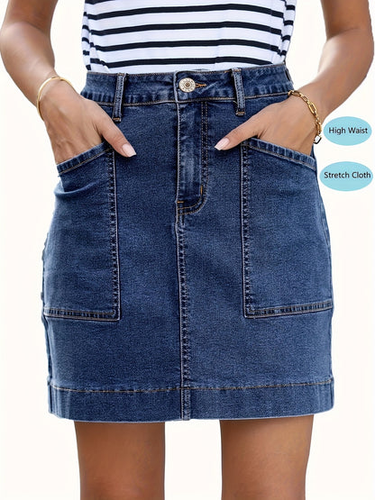 Women'S High-Waist Stretch Denim Mini Skirt - Versatile, Mid-Length Skirt with Large Pockets, Casual Elegant Style, Perfect for Summer, Jeans Skir