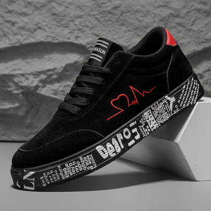 Men'S Mid-Top Sneakers - Vibrant Red Heart And Music Graphic Design, All-Season Outdoor Fitness Shoes, Breathable Pu/Fabric Upper And Durable PVC Sole, Valentine'S Day Birthday Gift for Him, Sneakers, Casual Streetwear, Trendy Footwear