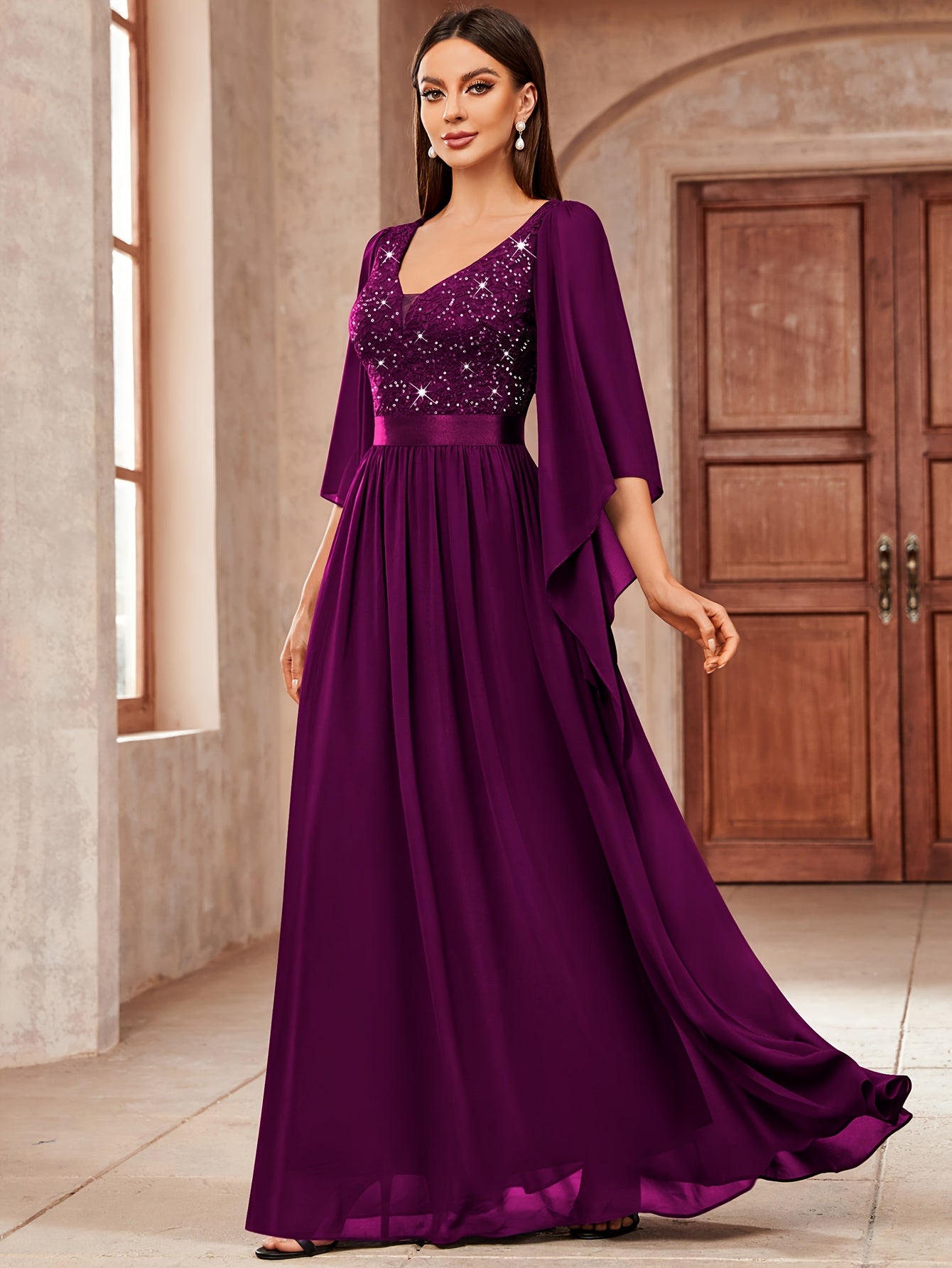 53303 Elegant Women's Lace & Sequin Bridesmaid Dress - A-Line Maxi Wedding Gown with 3/4 Bell Sleeves, V-Neck Color-Block (Bodice &), Machine Washable Bridesmaids Gown for Weddings, Parties, Prom
