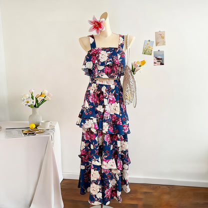 Spring/Summer New Beach Edge Holiday Style Printed Two-Piece Peplum Halter Top Cake Skirts Boho Skirts Casual Suit