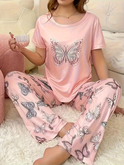 2pcs Women'S Pajama Set With Butterfly Pattern Top And Pants