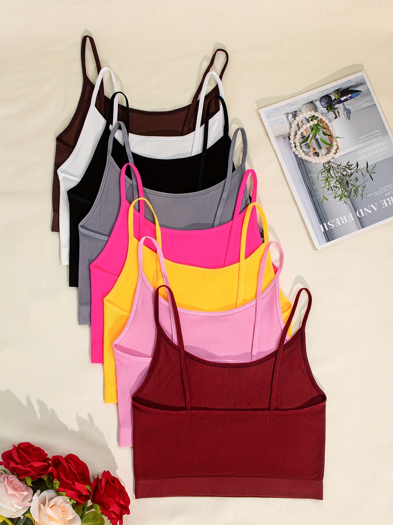 4/8pcs Solid Color Side Stripe Sexy Strapless Women'S Outerwear Camisole Daily Bra&Seamless Stretch Spaghetti Straps Sports & Casual Tank Top Bra Without Steel Ring&Women'S Underwear And Lingerie