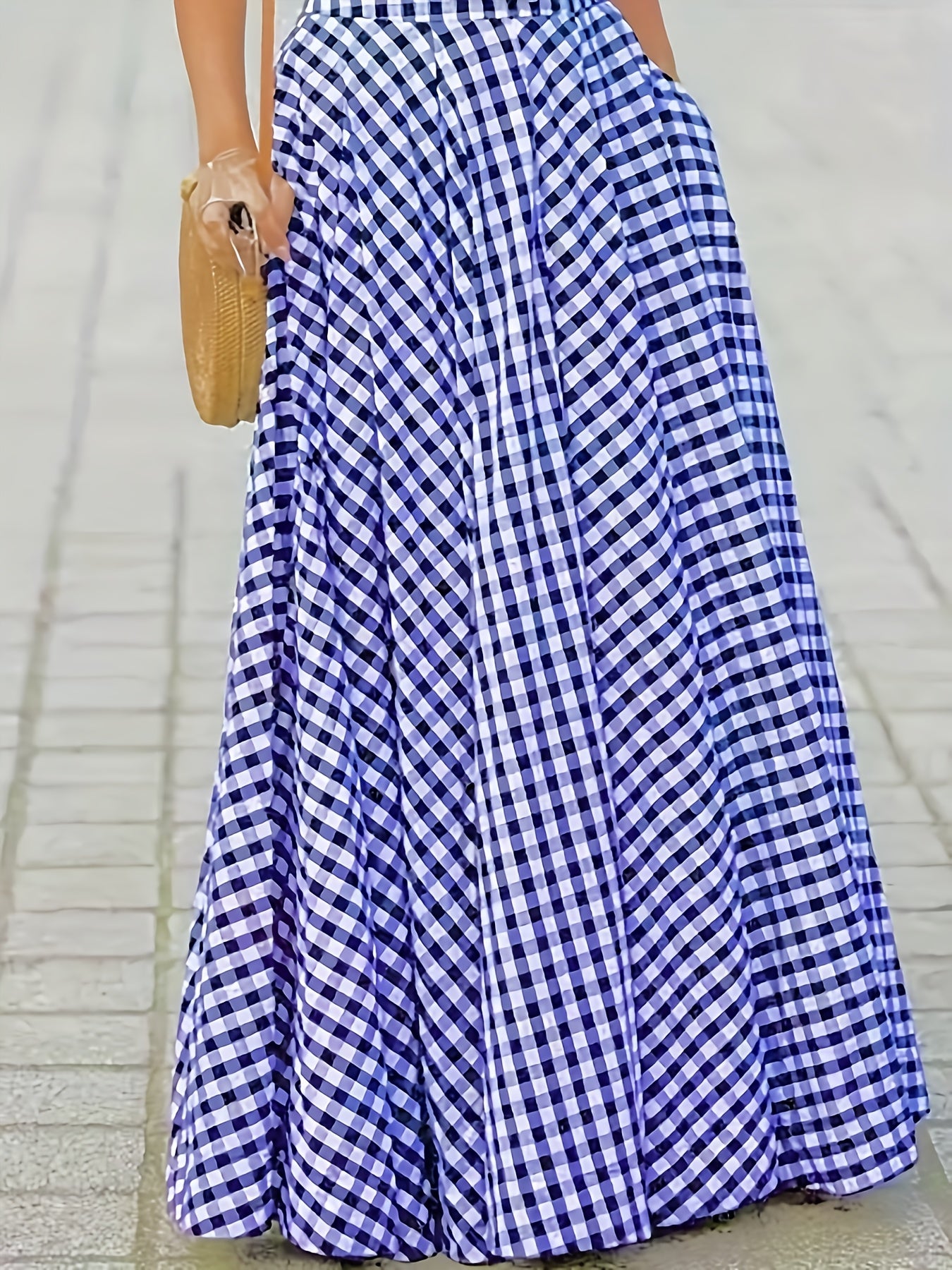 Women'S Elegant Checkered Mid-Length Skirt - High Waist, Flowing A-Line Silhouette, Opaque, Ideal for Spring And Autumn Seasons, Versatile Mid-Length Skirt | Elegant A-Line Skirt | Fashionable Texture