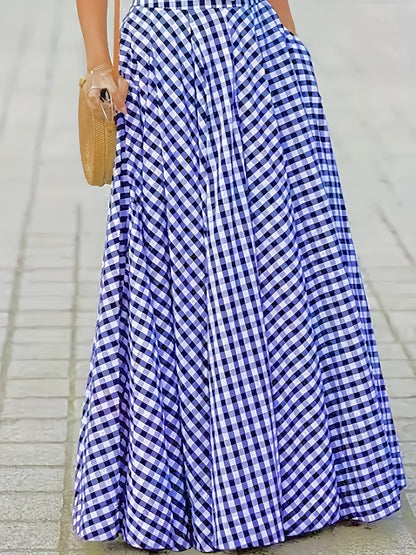 Women'S Elegant Checkered Mid-Length Skirt - High Waist, Flowing A-Line Silhouette, Opaque, Ideal for Spring And Autumn Seasons, Versatile Mid-Length Skirt | Elegant A-Line Skirt | Fashionable Texture