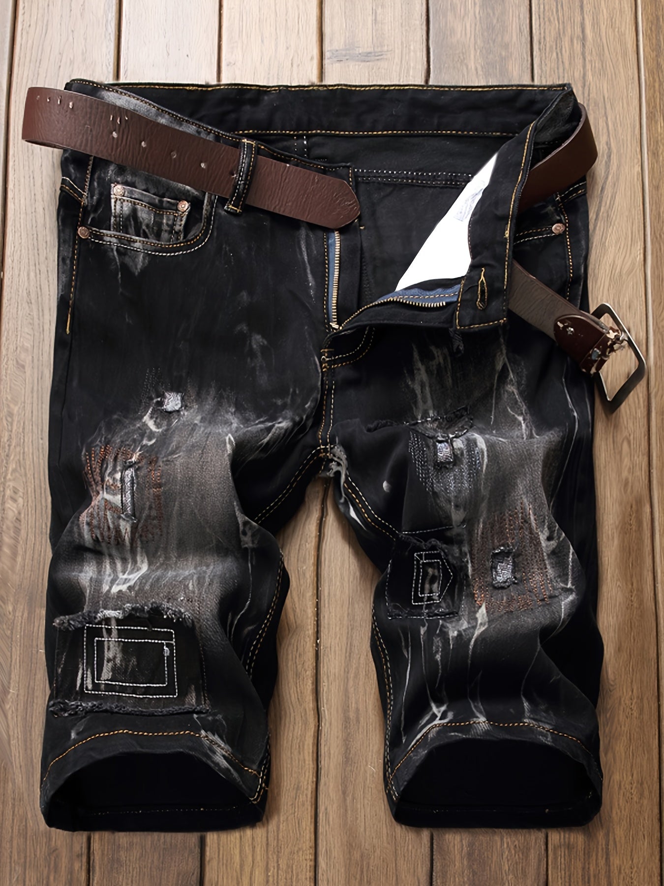 Stylish And Modern Water-Washed Ripped Denim Shorts for Men, Featuring Casual Straight Fit And Embroidered Patches, Perfect for Summer Wear