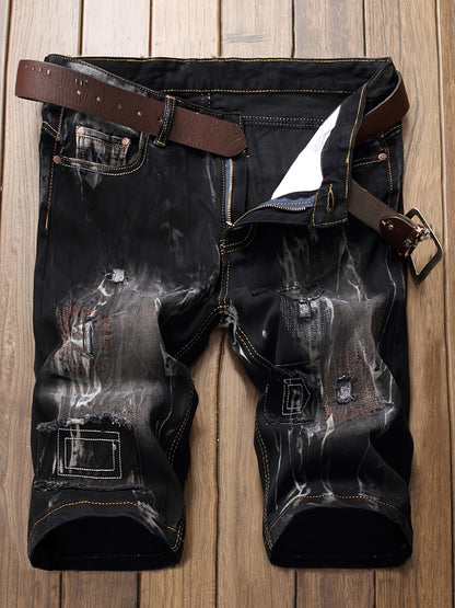 Stylish And Modern Water-Washed Ripped Denim Shorts for Men, Featuring Casual Straight Fit And Embroidered Patches, Perfect for Summer Wear