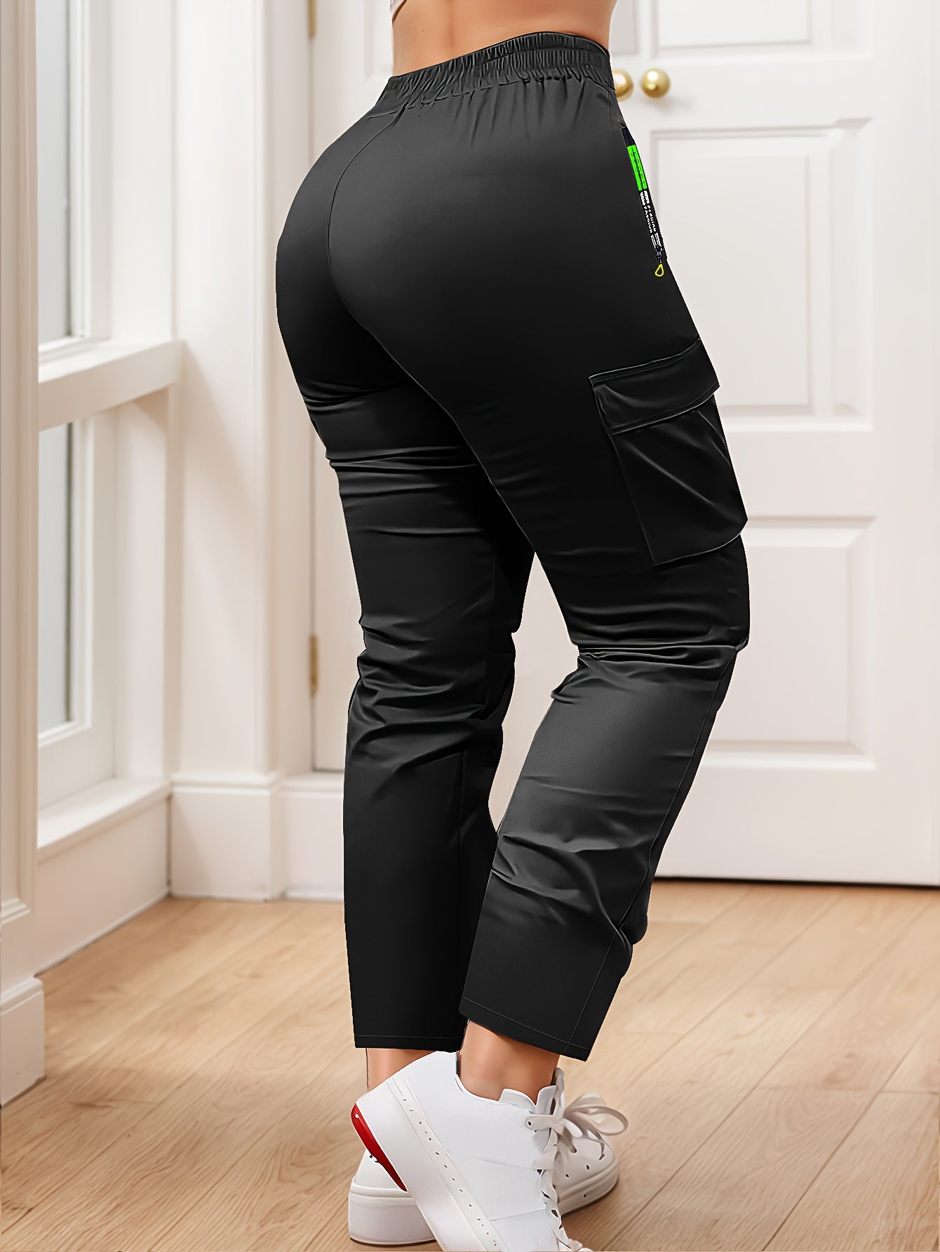 Women'S Heavy-Duty Cargo Pants with Multi-Zipper Pockets & Neon Green Zippers - Belt-Like Waist Drawstring, Full-Length Trousers for Outdoor, Travel - Casual Pants (Neon Green Accent, Spring/Fall) - No-Leg-Slip Design