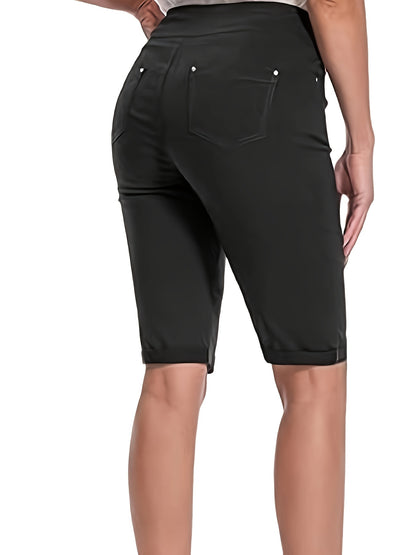 Women's Stretchy Pull On Bermuda Shorts High Waist Office to Vacation Pants, Non See Through Fabric, Machine Washable with 5 Pockets & Cuffed Hem for Everyday, Formal Events Elegant Casual All Season Shorts