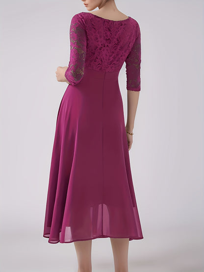Elegant Navy Blue Lace-Trimmed Chiffon Evening Gown with Short Sleeves And Flowing Skirt, Perfect for Formal Events And Parties, Formal Evening Gown