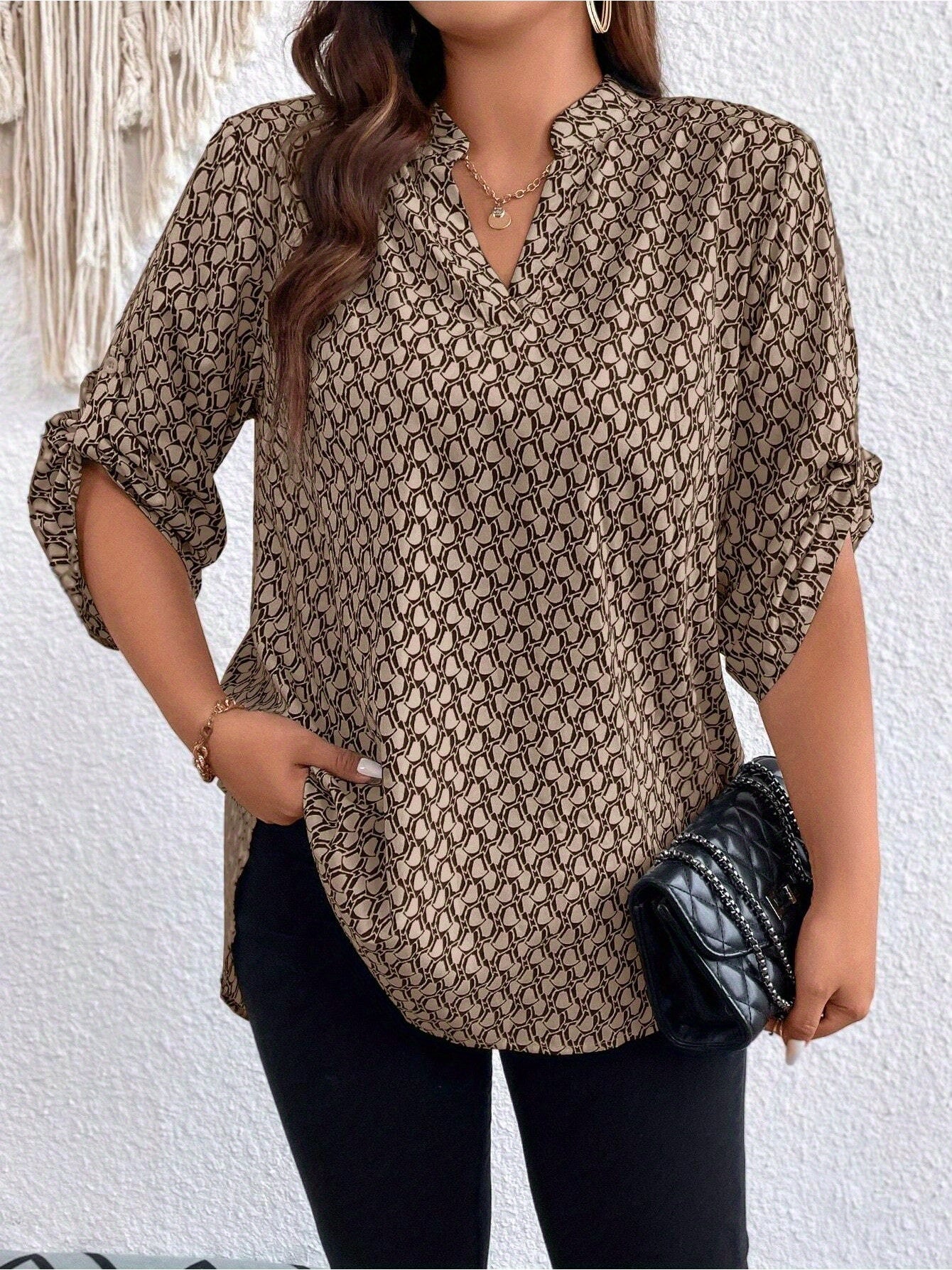 Plus Size, Plus Size Casual Top, Women's Plus Size Allover Print Roll Sleeve Split Neck Tunic Top