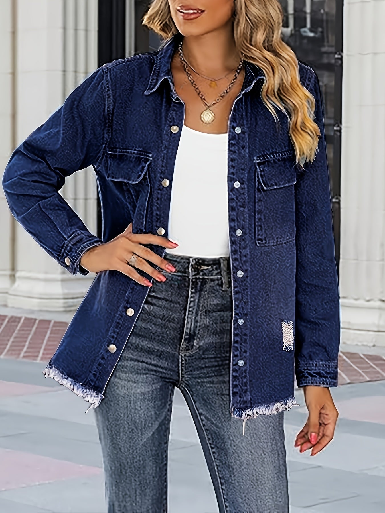 Washed Out Women's Denim Jacket with Pockets; Boyfriend Style; Distressed Look.