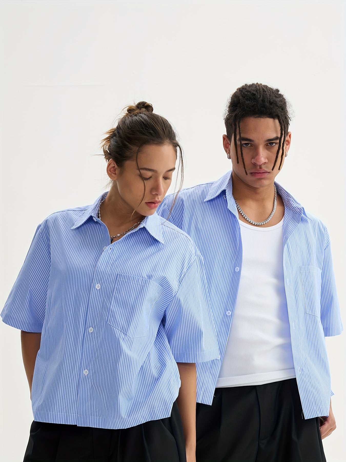 Unisex Casual Striped Shirt - Oversized, Loose Fit, Short Sleeve with Chest Patch Pocket | Lightweight Polyester Fabric | Perfect for Everyday, Beach, Party & Streetwear | Casual Attire | Chic Casual Style | Nontransparent Fabric