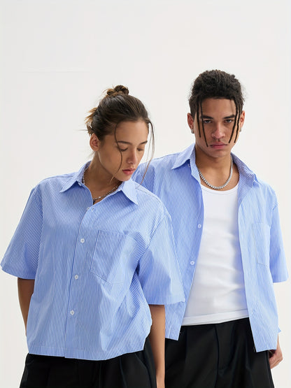 Unisex Casual Striped Shirt - Oversized, Loose Fit, Short Sleeve with Chest Patch Pocket | Lightweight Polyester Fabric | Perfect for Everyday, Beach, Party & Streetwear | Casual Attire | Chic Casual Style | Nontransparent Fabric