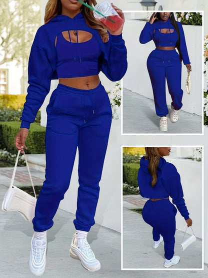 Women'S 3pcs Sweatsuits Sets Sexy Super Cropped Hoodie Tank Top And High Waisted Jogger Sweatpants Matching Loungewear Athleisure Outfits