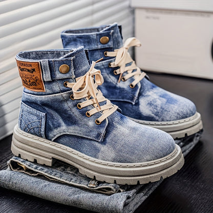 1 Pair of Men's High-top Casual Sports Denim Boots - Solid Color Round Toe Lace-up Design, Durable Washed Canvas Upper, Breathable Fabric Lining and Cushioned Insole, Non-slip Sole, Suitable for All-season Outdoor and Urban Style Wear