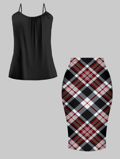Women'S Retro Irregular Hem Three-Quarter Sleeve Cardigan + Black Camisole and Plaid Bodycon Skirt Three-Piece Set - Spring/Autumn Commuter and Party Outfit