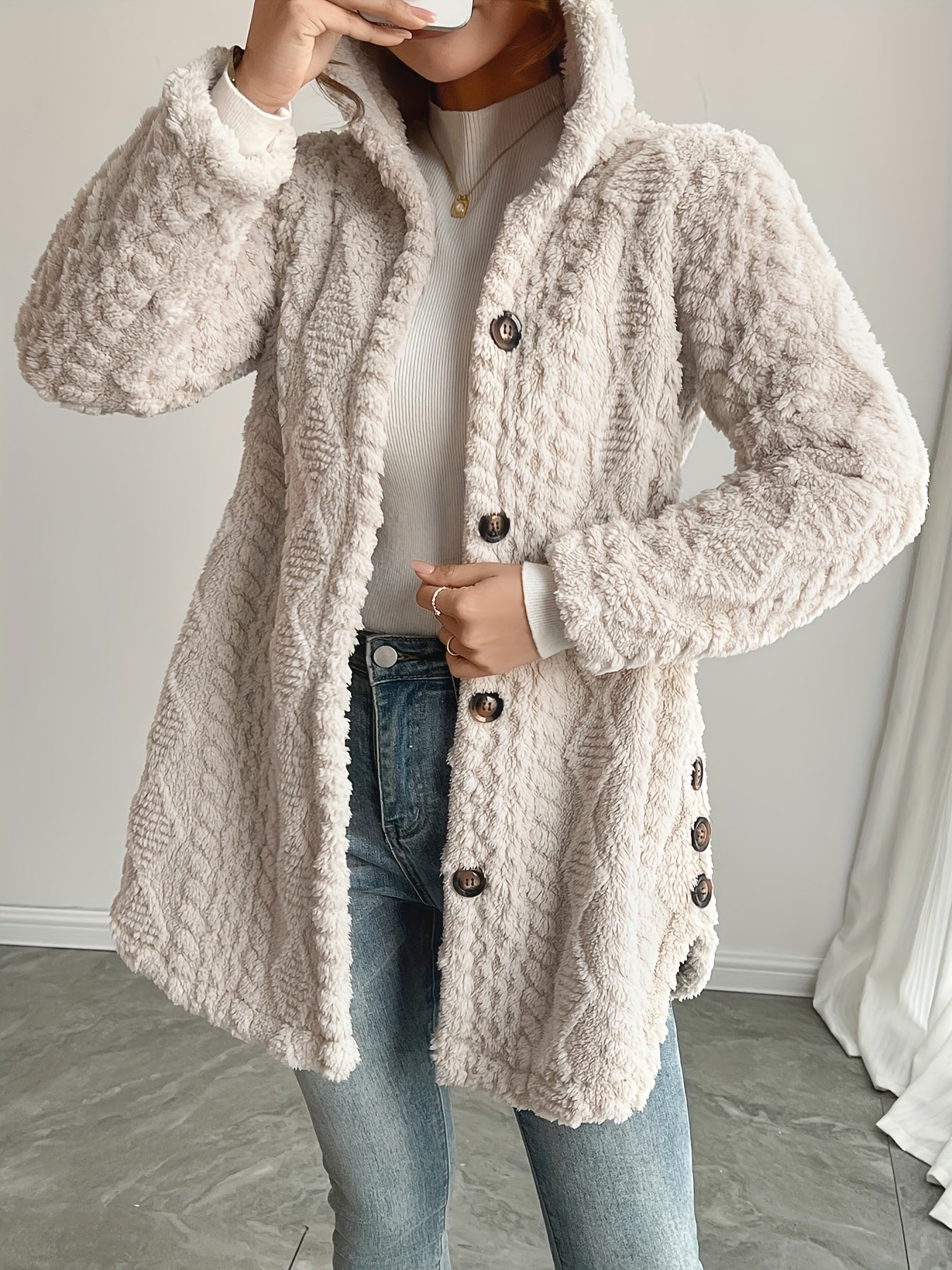 Hooded Fuzzy Coat Mid-Length Jacket with Buttons Soft Warm Winter Fall Outfits 5 Colors