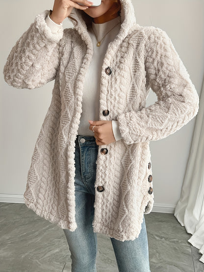 Hooded Fuzzy Coat Mid-Length Jacket with Buttons Soft Warm Winter Fall Outfits 5 Colors