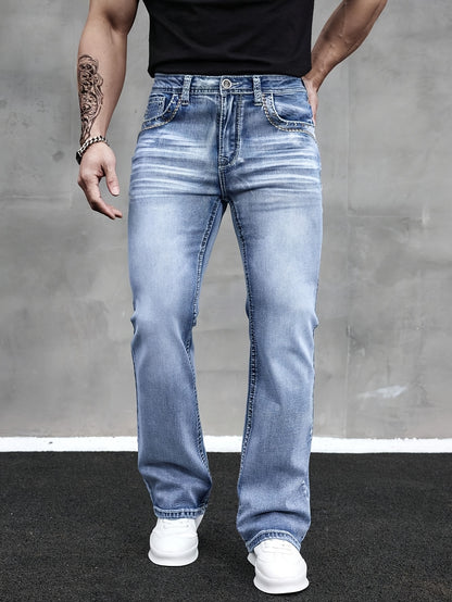 ESDVQ Men's Slim-Fit Classic Washed Denim Bell-Bottom Jeans - Mid-Stretch Machine-Washable Flared Pants with Suitable for All-Season Wear, Comfortable Stretchable Bell-Bottoms for Casual & Dressy Outfits