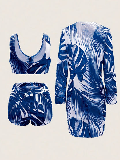 2025 New Clothing Three-Piece Suit Has Function, Blue with Blue And White Printed Outwear, Casual Swimming Clothing Three-Piece Suit