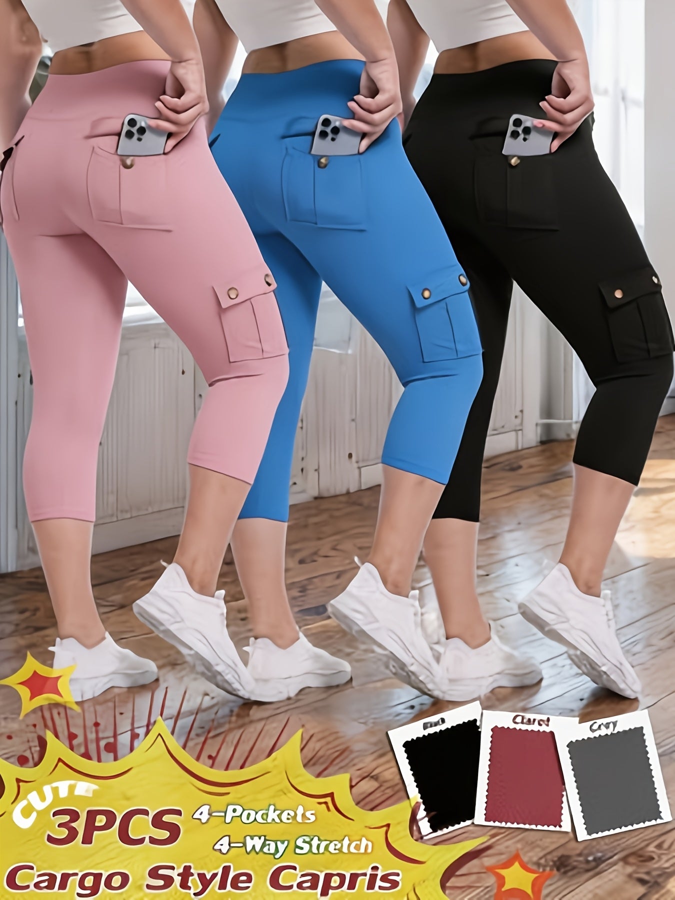 3-Pack High Waisted Cargo Yoga Pants With Slide Pockets - Tummy Control, 4 Pockets, Breathable 4-Way Stretch, Moisture Wicking, Perfect For Running, Gym & Yoga Lovers