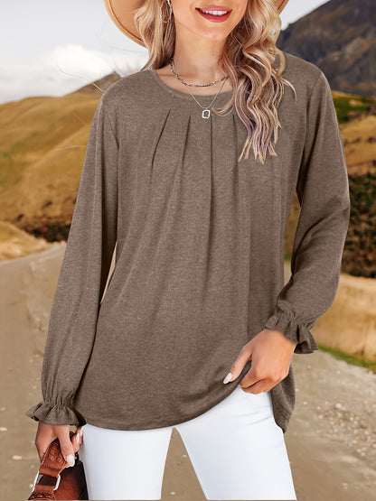 Womens Tops Dressy Casual Pleated Ruffle Long Sleeve Shirts Loose Fitting Blouses Tunic Tops