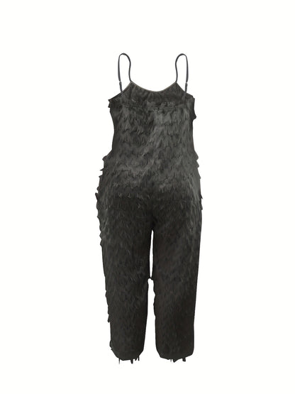 Plus Size, Plus Size Elegant Black Jumpsuit for Women - Chic Sleeveless V-Neck with Tassel Detail, Loose Fit, Polyester & Elastane Blend, Machine Washable - Perfect for All Seasons, Plus Size Jumpsuit