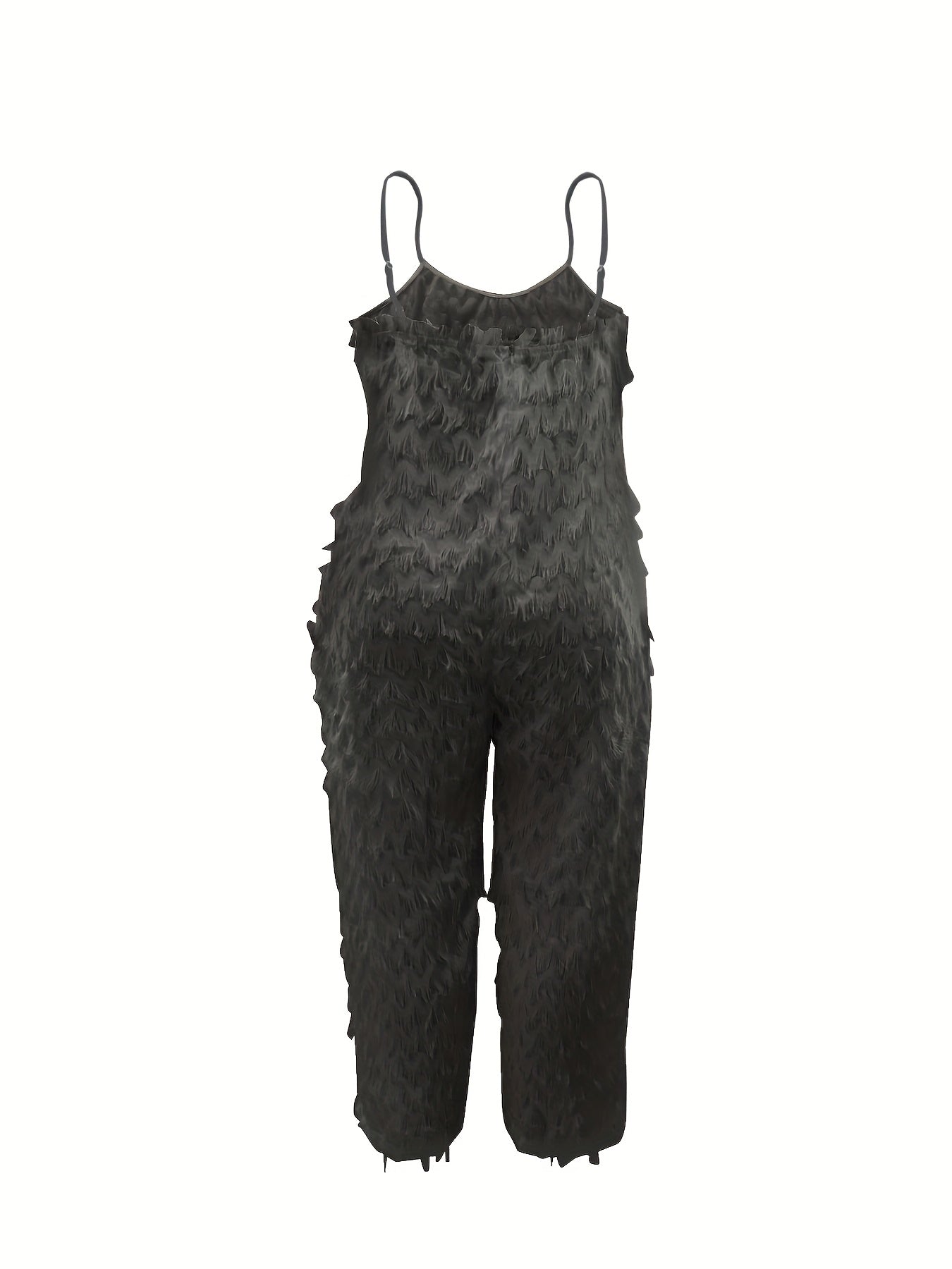 Plus Size, Plus Size Elegant Black Jumpsuit for Women - Chic Sleeveless V-Neck with Tassel Detail, Loose Fit, Polyester & Elastane Blend, Machine Washable - Perfect for All Seasons, Plus Size Jumpsuit