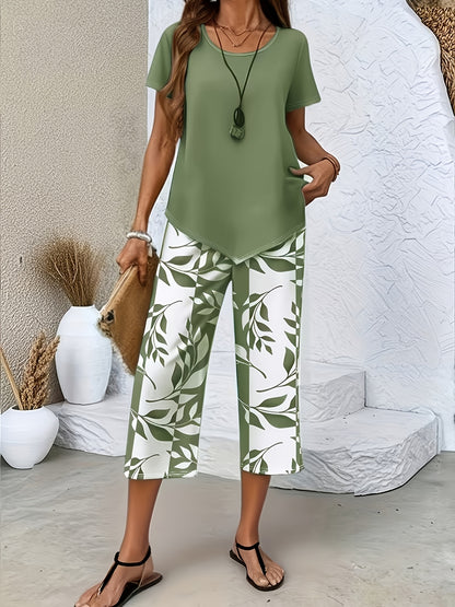 [2pcs Set] Plus Size, Spring/Summer Women's Casual Plus-Size 2pcs Set: Light Blue Short-Sleeve Crew Neck Top with Blue and White Leaf Print, Cropped Wide-Leg Pants. Loose, Comfortable, Versatile Outfit for Daily Outings, Home, and Commuting