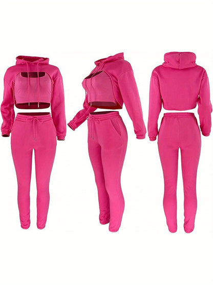 Women'S 3pcs Sweatsuits Sets Sexy Super Cropped Hoodie Tank Top And High Waisted Jogger Sweatpants Matching Loungewear Athleisure Outfits