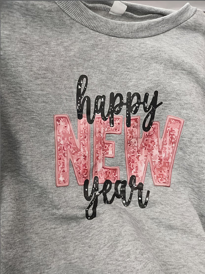 1pc Women'S Casual Crew Neck Sweater, Happy New Year Letter Graphic Print Long Sleeve Pullover for Autumn/ Winter, Grey Sweatshirt