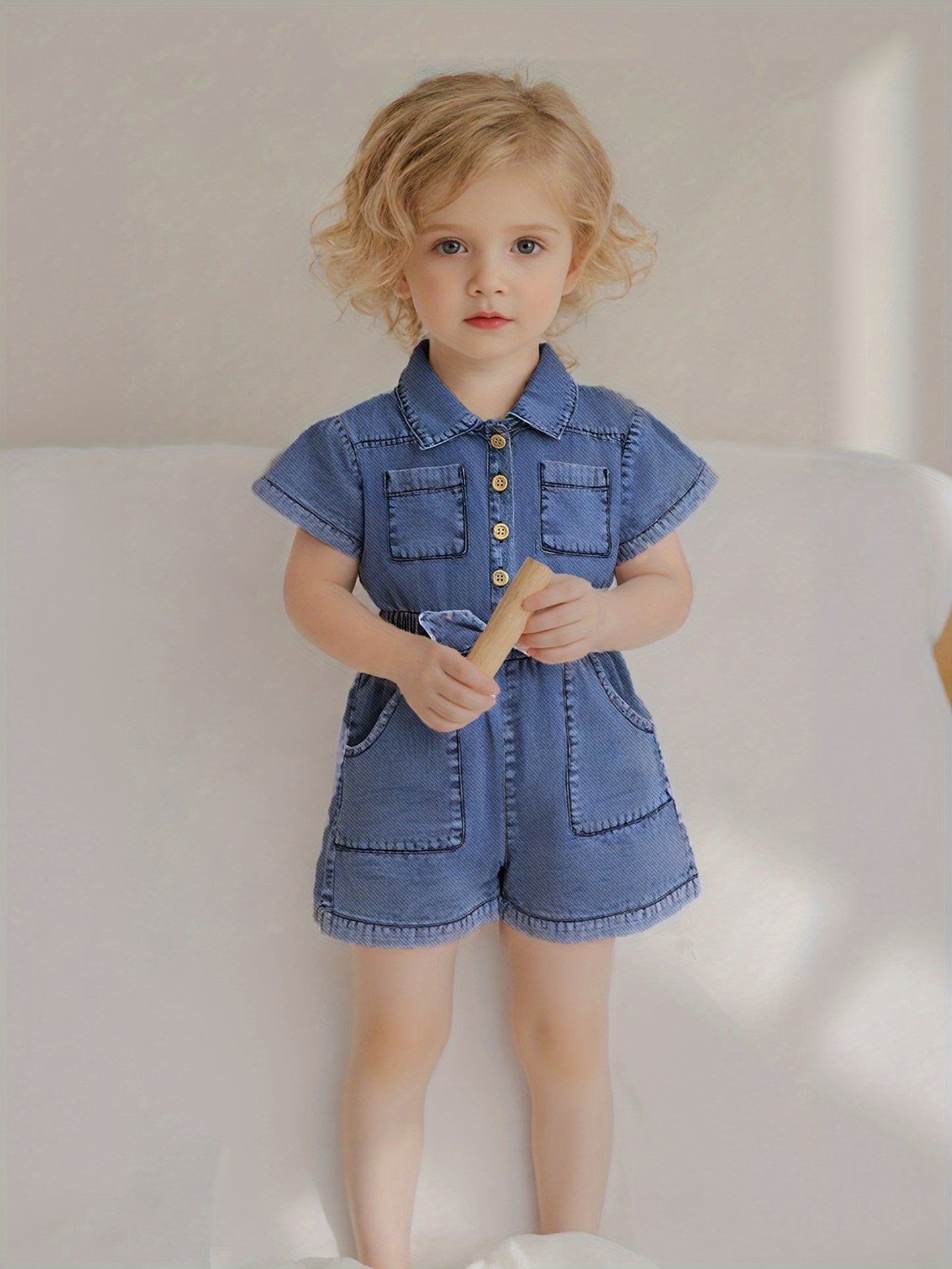Denim Overalls for Baby Girls Featuring Short Sleeves, a Turn- Collar, Button Closure, And an Elastic Waistband