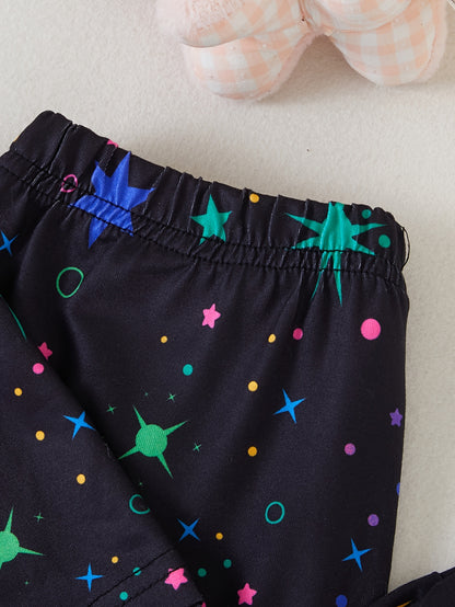 Girls Spring, Autumn And Summer 2pcs Set Luminous Ink Splash Cute Unicorn Pattern Round Neck Pullover T-shirt Short-sleeved Top + Fluorescent Starry Sky Print Elastic Waistband Cuff Pants Trousers Set, Glows Only When Exposed to Ultraviolet Light, Perfect