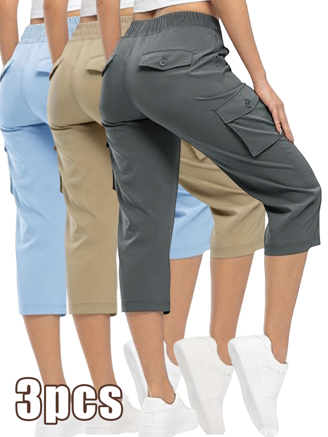 3pcs Women'S Fashionable Cargo Capri Pants for Summer, with Elastic Waistband And Pockets - Casual Sports Capri Pants, Breathable Blend