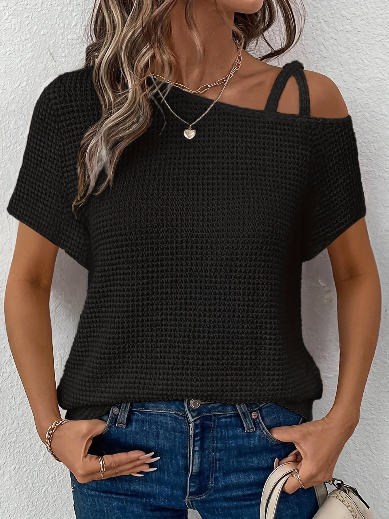 Women'S Summer Off Shoulder Waffle Short Sleeve T-Shirt Solid Color Top